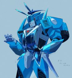 Rule 34 | absurdres, animal ears, autobot, blue background, blue eyes, blue vest, blurr (transformers), bunny day, clothed robot, dated, fake animal ears, hand on own hip, highres, mecha, no humans, open hand, parted lips, rabbit ears, robot, science fiction, seikaigetsu, signature, simple background, smile, smirk, solo, transformers, vest