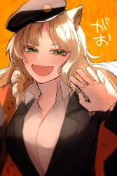 Rule 34 | 1girl, :d, animal ear fluff, animal ears, arknights, black hat, black jacket, blonde hair, blush, collared shirt, dress shirt, drill hair, fang, green eyes, half-closed eyes, hand up, hat, highres, jacket, long hair, looking at viewer, open mouth, orange background, parted bangs, peaked cap, senjou no pentsu, shirt, smile, solo, swire (arknights), tilted headwear, translation request, upper body, white shirt