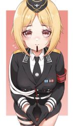 Rule 34 | absurdres, armband, black gloves, black hat, black jacket, black necktie, blonde hair, breast pocket, brown eyes, collared shirt, food, food in mouth, garrison cap, girls&#039; frontline, gloves, hat, highres, jacket, long sleeves, looking at viewer, military, military jacket, military uniform, mouth hold, mp40 (girls&#039; frontline), necktie, pocket, pocky, shirt, short hair, solo, thigh strap, toryu fufu, uniform, wehrmacht, white shirt