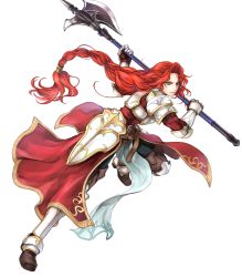 Rule 34 | 1girl, armor, armored boots, axe, battle axe, belt, boots, braid, braided ponytail, breastplate, fire emblem, fire emblem: path of radiance, fire emblem heroes, full body, gauntlets, green eyes, halberd, highres, holding, holding weapon, long hair, looking away, nintendo, official art, open mouth, pants, pelvic curtain, polearm, red hair, single braid, solo, titania (fire emblem), transparent background, very long hair, wada sachiko, weapon