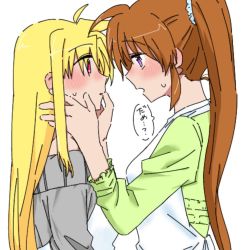 Rule 34 | 2girls, apron, blonde hair, blush, brown hair, couple, eye contact, fate testarossa, highres, long hair, looking at another, lyrical nanoha, mahou shoujo lyrical nanoha, multiple girls, open mouth, purple eyes, red eyes, side ponytail, simple background, surprised, takamachi nanoha, user xgna8347, very long hair, white background, yuri