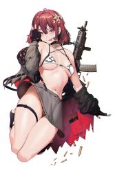 Rule 34 | 1girl, bikini, choker, earrings, gloves, gun, hair ornament, hairpin, highres, ihobus, jacket, jewelry, magazine (weapon), miniskirt, nail polish, original, panties, red eyes, red hair, shell casing, short hair, sig mpx, skirt, solo, striped clothes, striped panties, submachine gun, swimsuit, thigh strap, tongue, tongue out, underwear, upskirt, weapon