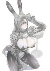Rule 34 | 1girl, adjusting headwear, animal ears, blush, breastless clothes, breasts, rabbit ears, cleavage, covered erect nipples, fake animal ears, final fantasy, final fantasy vii, gloves, highres, huge breasts, maeshima shigeki, simple background, solo, spot color, tifa lockhart, white background