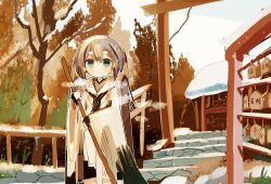 Rule 34 | 1girl, aqua eyes, architecture, bare tree, black skirt, broom, building, chihaya (clothing), commentary, day, east asian architecture, ema, feet out of frame, grey hair, hair ornament, hatsune miku, highres, hikimayu, holding, holding broom, hooded kimono, japanese clothes, kimono, light blush, light smile, long hair, looking at viewer, miniskirt, outdoors, red ribbon, ribbon, skirt, snow, stairs, standing, stone stairs, syare 0603, torii, tree, twintails, very long hair, vocaloid, white kimono, wide shot, wide sleeves, winter, yuki miku, yuki miku (2018)