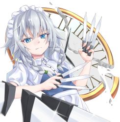 Rule 34 | 1girl, apron, blue eyes, blue vest, braid, breasts, closed mouth, collared shirt, dress shirt, hair between eyes, highres, holding, holding knife, izayoi sakuya, knife, looking at viewer, looking down, maid, maid headdress, medium hair, puffy short sleeves, puffy sleeves, s vileblood, shattered, shirt, short sleeves, silver hair, small breasts, solo, touhou, twin braids, upper body, vest, waist apron, white apron, white shirt
