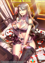 Rule 34 | 1girl, asymmetrical legwear, bad id, bad pixiv id, between legs, black thighhighs, blue nails, bra, bracelet, breasts, brown eyes, brown hair, brown panties, cleavage, clipboard, company name, copyright name, curtains, frills, hand between legs, hand on own breast, jewelry, large breasts, lingerie, long hair, looking at viewer, nail polish, navel, necklace, official art, on bed, panties, pearl bracelet, petals, picture frame, pillow, qurare magic library, sitting, smile, sunlight, thighhighs, underwear, uneven legwear, very long hair, watermark, window, xxinainaxx