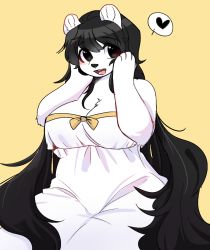 Rule 34 | :d, animal ears, animal nose, bear, bear ears, bear girl, black eyes, black hair, blush, body fur, breasts, cleavage, commentary request, dress, furry, furry female, hair between eyes, hands on own face, heart, highres, korean commentary, large breasts, long hair, looking to the side, open mouth, original, plump, polar bear, ressue (gomgom), simple background, smile, snout, spoken heart, upper body, very long hair, white dress, white fur, yellow background