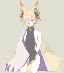 Rule 34 | 1boy, animal ears, backless outfit, bottomless, covered collarbone, erune, fingerless gloves, fox ears, fox tail, gloves, granblue fantasy, hair ornament, hair over one eye, kou (granblue fantasy), long hair, male focus, mzh, off shoulder, simple background, tail, yellow eyes