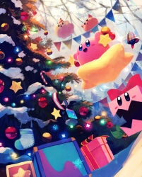 Rule 34 | :d, absurdres, artist name, bare tree, bell, blue eyes, blush, blush stickers, bow, box, boxy (kirby), candy, candy cane, character request, christmas, christmas lights, christmas ornaments, christmas stocking, commentary request, day, food, full body, gift, gift box, highres, holding, kirby, kirby (series), leaf, nintendo, no humans, open mouth, outdoors, pennant, red bow, ringle, scarfy, smile, snow, snowflakes, snowing, star (symbol), star block, suyasuyabi, tree, twitter username, warp star