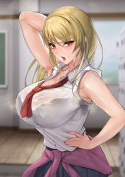 Rule 34 | 1girl, absurdres, aqua nails, arm behind head, arm up, armpit peek, armpits, black bra, black skirt, blonde hair, blurry, blurry background, bra, bra visible through clothes, breasts, brown eyes, classroom, cleavage, clothes around waist, collared shirt, furrowed brow, gyaru, hand on own hip, highres, indoors, jacket, jacket around waist, large breasts, lips, long hair, looking at viewer, mute (mute89539160), nail polish, neckerchief, one-piece swimsuit, open mouth, original, pink one-piece swimsuit, purple jacket, school, school uniform, see-through, shiny skin, shirt, shirt tucked in, short sleeves, sidelocks, skirt, sleeveless, sleeveless shirt, sleeves rolled up, solo, steaming body, sweat, swimsuit, taut clothes, underwear, upper body, wet, wet clothes, white shirt