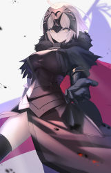 Rule 34 | 1girl, absurdres, armor, armored dress, banner, black dress, black thighhighs, breasts, dress, fate/grand order, fate (series), faulds, gauntlets, headpiece, highres, jeanne d&#039;arc (fate), jeanne d&#039;arc alter (avenger) (fate), jeanne d&#039;arc alter (fate), large breasts, looking at viewer, nishibi mitsuba, short hair, side slit, silver hair, solo, thighhighs, yellow eyes