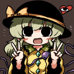 Rule 34 | 1girl, black eyes, black hat, blouse, blush, bow, brown background, buttons, diamond button, double v, eyeball, frilled shirt collar, frilled sleeves, frills, green hair, hat, hat bow, hat ribbon, heart, heart of string, heripantomorrow, komeiji koishi, long sleeves, looking at viewer, medium hair, open mouth, ribbon, shirt, sidelocks, simple background, smile, solo, third eye, touhou, upper body, v, wavy hair, wide sleeves, yellow bow, yellow ribbon, yellow shirt