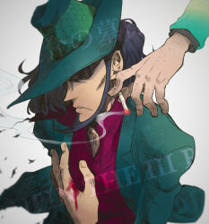 Rule 34 | 1boy, arsene lupin iii, black hair, blood, blood on hands, cigarette, collared shirt, copyright name, facial hair, fedora, fingernails, goatee, green headwear, green jacket, hand hair, hat, holding, holding cigarette, jacket, jigen daisuke, jigen daisuke no bohyou, lupin iii, male focus, migi (mm86262394), parted lips, red shirt, shaded face, shirt, smoking, solo focus, white background