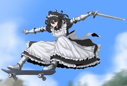 Rule 34 | &gt;:), 1girl, apron, armored boots, back bow, black dress, black hair, blue eyes, boots, bow, cloud, commentary request, dress, floating hair, formicid, frilled apron, frilled dress, frills, full body, gauntlets, glint, hair between eyes, highres, holding, holding sword, holding weapon, long hair, looking at viewer, maid, maid apron, maid headdress, midair, mixed-language commentary, original, outstretched arms, skateboard, skateboarding, sky, smile, solo, sword, tree, v-shaped eyebrows, weapon, white apron