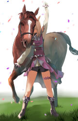 Rule 34 | 1girl, absurdres, animal ears, arm up, asymmetrical gloves, black gloves, black shorts, boots, breasts, coat, commentary request, confetti, creature and personification, full body, gloves, grass, grey footwear, highres, horse, horse ears, horse girl, long hair, long sleeves, medium breasts, mismatched gloves, narita top road (racehorse), narita top road (umamusume), purple coat, reins, sail (sail-away), short shorts, shorts, sleeveless, sleeveless coat, standing, tears, umamusume, white gloves, white hair