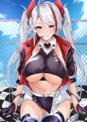 Rule 34 | 1girl, azur lane, belt, blue sky, breasts, chain-link fence, checkered flag, clothing cutout, cropped jacket, cropped shirt, earpiece, fence, flag, gloves, grin, half gloves, headgear, highres, large breasts, looking at viewer, mole, mole on breast, multicolored hair, mutou mame, official alternate costume, outdoors, prinz eugen (azur lane), prinz eugen (final lap) (azur lane), race queen, racetrack, sitting, sky, smile, solo, streaked hair, textless version, thighhighs, two-tone skirt, underboob, underboob cutout, white belt, white hair, yellow eyes