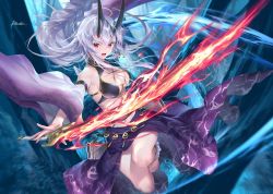 Rule 34 | 1girl, bare shoulders, bikini, black horns, blue bikini, bow, braid, braided ponytail, breasts, cleavage, detached sleeves, dual wielding, earrings, fate/grand order, fate (series), fire, holding, hoop earrings, horns, jewelry, kousaki rui, large breasts, long hair, looking at viewer, navel, oni horns, open mouth, red bow, sarong, sheath, silver hair, swimsuit, tomoe gozen (fate), tomoe gozen (swimsuit saber) (fate), tomoe gozen (swimsuit saber) (second ascension) (fate), very long hair, wide sleeves