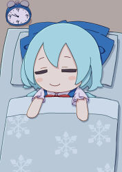 Rule 34 | 1girl, absurdres, alarm clock, bed sheet, blue bow, blue dress, blue hair, blush stickers, bow, cirno, clock, closed eyes, closed mouth, dress, fairy, fumo (doll), hair between eyes, hair bow, highres, ice, ice wings, kame (kamepan44231), pillow, shirt, short hair, short sleeves, sleeping, smile, snowflake print, solo, touhou, white shirt, wings