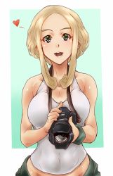 Rule 34 | 1girl, blonde hair, blush, border, breasts, camera, commentary request, creatures (company), eyelashes, game freak, green background, green eyes, green wristband, grey tank top, heart, highres, holding, holding camera, large breasts, looking at viewer, medium breasts, nintendo, open mouth, outside border, pokemon, pokemon xy, short hair with long locks, smile, solo, suzuki no m, tank top, teeth, tongue, viola (pokemon), white border, wristband