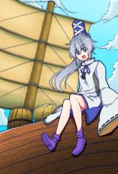 Rule 34 | 1girl, :d, barrel, blue hat, blue sky, boat, cloud, crossed legs, from below, grey eyes, grey hair, gurajio, hair between eyes, hat, hat ribbon, highres, japanese clothes, kariginu, long hair, long sleeves, looking at viewer, mononobe no futo, neck ribbon, open mouth, outdoors, pom pom (clothes), ponytail, purple footwear, purple ribbon, ribbon, ribbon-trimmed sleeves, ribbon trim, sitting, sky, smile, solo, tate eboshi, touhou, watercraft, wide sleeves