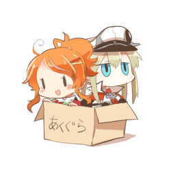 Rule 34 | 10s, 2girls, aquila (kancolle), black gloves, blonde hair, blue eyes, box, capelet, gloves, graf zeppelin (kancolle), hair between eyes, hat, high ponytail, in box, in container, jacket, kantai collection, long hair, lowres, military, military uniform, multiple girls, orange hair, peaked cap, rebecca (keinelove), red jacket, short hair, sidelocks, simple background, twintails, uniform, white background