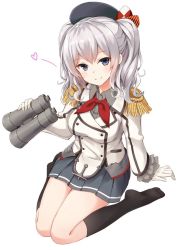 Rule 34 | 10s, 1girl, arm support, bad id, bad twitter id, binoculars, breasts, female focus, full body, gloves, hat, kantai collection, kashima (kancolle), large breasts, long hair, military, military uniform, miniskirt, pleated skirt, silver hair, simple background, sitting, skirt, smile, solo, takehana note, tsurime, uniform, wariza, white background
