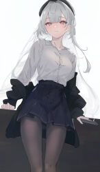 Rule 34 | 1girl, :3, absurdres, azur lane, beret, black jacket, black pantyhose, blunt bangs, cellphone, collared shirt, commentary request, cross-shaped pupils, grey hair, hair intakes, hand rest, hat, highres, holding, holding phone, jacket, long hair, looking at viewer, miya takanashi, off shoulder, official alternate costume, pantyhose, phone, pleated skirt, red eyes, school uniform, scylla (azur lane), scylla (femme fatale fresher) (azur lane), shirt, simple background, skirt, smartphone, solo, symbol-shaped pupils, white shirt
