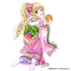 Rule 34 | 1girl, blonde hair, blush, bow, company name, copyright name, floral print, from behind, full body, green bow, hair ornament, holding, kneeling, long hair, looking at viewer, looking back, moyon, official art, open mouth, ponytail, purple eyes, sangoku infinity, simple background, solo, white background, white legwear, wide sleeves