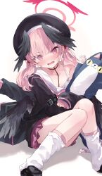 Rule 34 | 1girl, animal, beret, black hat, black shirt, black wings, blue archive, blush, commentary request, feet out of frame, hat, head wings, highres, koharu (blue archive), long hair, looking at viewer, makihitsuji, open mouth, pink eyes, pink hair, pleated skirt, red skirt, sailor collar, sailor shirt, shirt, simple background, skirt, snail, socks, solo, stuffed animal, stuffed cat, stuffed toy, twintails, white background, white sailor collar, white socks, wings