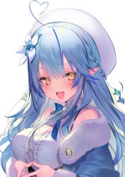 Rule 34 | 1girl, :d, ahoge, asagi yuna, beret, blouse, blue flower, blue hair, blue jacket, blush, braid, breasts, brown eyes, center frills, cleavage, cleavage cutout, clothing cutout, commentary request, fingers together, flower, frills, fur-trimmed jacket, fur-trimmed sleeves, fur trim, hair between eyes, hair flower, hair ornament, half updo, hat, heart, heart ahoge, highres, hololive, jacket, long hair, long sleeves, looking at viewer, medium breasts, multicolored hair, open clothes, open jacket, open mouth, pointy ears, shirt, simple background, sleeveless, sleeveless shirt, smile, solo, streaked hair, upper body, virtual youtuber, white background, white flower, white hat, white shirt, yukihana lamy