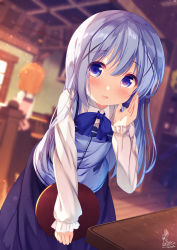 Rule 34 | 2girls, black skirt, blue bow, blue eyes, blue hair, blue vest, blurry, blurry background, blush, bow, brown hair, chinomaron, collared shirt, commentary request, depth of field, dress shirt, dutch angle, gochuumon wa usagi desu ka?, hair between eyes, hair ornament, hand up, highres, holding, holding tray, hoto cocoa, indoors, kafuu chino, leaning forward, long hair, long sleeves, looking at viewer, multiple girls, parted lips, pink vest, rabbit house uniform, shirt, signature, skirt, sleeves past wrists, smile, table, tray, uniform, very long hair, vest, waitress, white shirt, wooden floor, x hair ornament