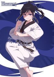 1girl aoi_suzu artist_name barefoot belt black_belt black_hair blue_bow blue_eyes blue_ribbon bow closed_mouth collarbone commentary commission commissioner_name dougi english_commentary fighting_stance hair_bow hair_ribbon highres long_hair looking_at_viewer martial_arts martial_arts_belt original ponytail ribbon second-party_source shion_aoyama skeb_commission smile solo teeth twitter_username