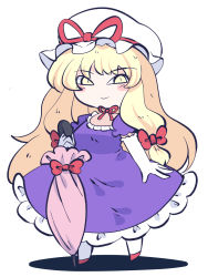 Rule 34 | 1girl, blonde hair, blush stickers, chahan (fried rice0614), closed mouth, dress, elbow gloves, frilled dress, frills, full body, gloves, hat, hat ribbon, highres, holding, holding umbrella, long hair, mob cap, one-hour drawing challenge, purple dress, red footwear, red ribbon, ribbon, shoes, short sleeves, simple background, smile, solo, touhou, umbrella, white background, white gloves, white hat, yakumo yukari, yellow eyes