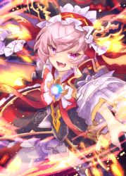 Rule 34 | 1girl, fang, fire, frills, gem, headdress, highres, holding, holding weapon, ittokyu, looking at viewer, mogthrasir, open mouth, pink hair, purple eyes, signature, skin fang, skirt, solo, tongue, valkyrie connect, weapon