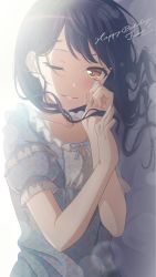 Rule 34 | 1girl, ;), absurdres, bang dream!, black hair, blue dress, character name, collarbone, commentary, dated, dress, fingernails, floral print, frilled dress, frills, futaba tsukushi, gradient background, grey background, hair behind ear, hair down, hair spread out, hand on own cheek, hand on own face, hands up, happy birthday, highres, long hair, looking at viewer, lying, nobusawa osamu, official alternate costume, on side, one eye closed, parted lips, print dress, puffy short sleeves, puffy sleeves, short sleeves, sideways, smile, solo, upper body, white background, yellow eyes