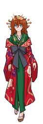 Rule 34 | 1girl, blanca: a broke girl in the slums, blanca (blanca), blue eyes, duskcraft, green robe, japanese clothes, kimono, long hair, red hair, robe, sandals, solo, transparent background