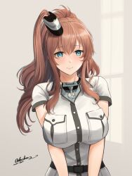 Rule 34 | 1girl, anchor, blue eyes, breast pocket, breasts, brown hair, dress, hair between eyes, highres, kantai collection, large breasts, long hair, odachu, pocket, ponytail, saratoga (kancolle), saratoga mk ii (kancolle), short sleeves, side ponytail, sidelocks, smile, smokestack hair ornament, solo, upper body, white dress