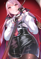 Rule 34 | 1girl, blush, cape, cosplay, fingerless gloves, from below, gloves, highres, holding, holding weapon, hololive, hololive english, long hair, looking up, mori calliope, necktie, pantyhose, pink hair, red background, red eyes, scythe, shirt, shorts, smile, takane lui, takane lui (1st costume), takane lui (cosplay), thighs, virtual youtuber, weapon, white shirt, zacky