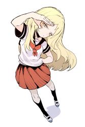 Rule 34 | 1girl, black socks, blonde hair, blue sailor collar, closed mouth, copyright request, ddari, full body, grey footwear, hand over eye, hand up, highres, long hair, looking at viewer, neckerchief, pleated skirt, red neckerchief, red skirt, sailor collar, school uniform, serafuku, shirt, shoes, short sleeves, simple background, skirt, socks, solo, white background, white shirt, yellow eyes