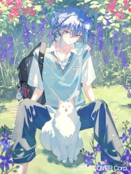Rule 34 | 1boy, antenna hair, aqua hair, arm support, bag, bag charm, black pants, blue eyes, blue hair, blue sweater vest, bougainvillea (flower), cat, charm (object), copyright notice, day, feet out of frame, flower, flower request, hair between eyes, hair bun, highres, hitodama, holostars, knees up, looking at viewer, male focus, minase rio, multicolored hair, official art, on grass, open collar, outdoors, pants, pants rolled up, parted lips, purple flower, red flower, school bag, shirt, short sleeves, sidelocks, single hair bun, sitting, solo, spread legs, streaked hair, sunlight, sweater vest, ugonba (howatoro), untucked shirt, virtual youtuber, white cat, white shirt, wing collar