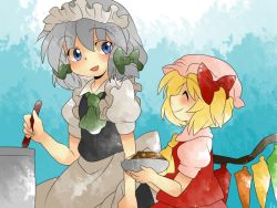 Rule 34 | 2girls, apron, ascot, bad id, bad pixiv id, blonde hair, blue eyes, bow, braid, comic, cooking, curry, closed eyes, female focus, flandre scarlet, food, hair bow, hammer (sunset beach), hat, izayoi sakuya, maid, maid apron, maid headdress, multiple girls, plate, pot, side ponytail, silent comic, silver hair, smile, touhou, twin braids, wings