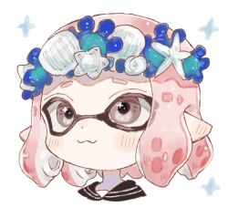 Rule 34 | 1girl, :3, commentary request, dot nose, grey eyes, head wreath, inkling, inkling girl, inkling player character, nintendo, pink hair, plum0o0, pointy ears, portrait, short hair, solo, sparkle, sparkling eyes, splatoon (series), tentacle hair, white background