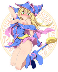 Rule 34 | 1girl, areola slip, bare shoulders, blonde hair, blue dress, blue footwear, blush, blush stickers, boots, bottle, breasts, choker, cleavage, closed mouth, commentary request, dark magician girl, dress, duel monster, green eyes, hat, hexagram, highres, large breasts, long hair, mtu (orewamuzituda), nipple slip, nipples, panties, pantyshot, pentacle, pentagram, solo, staff, thighs, underwear, wand, white background, wizard hat, yu-gi-oh!, yu-gi-oh! duel monsters