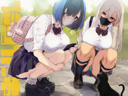 Rule 34 | 2girls, backpack, bag, bent over, black cat, black hair, blue eyes, breasts, cat, collared shirt, covered mouth, ear piercing, highres, large breasts, mask, mouth mask, multiple girls, original, panties, panty peek, piercing, satou daiji, school uniform, shirt, shoes, squatting, thick thighs, thighs, underwear, white hair