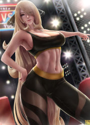 Rule 34 | 1girl, abs, arena, armpits, blonde hair, breasts, cleavage, creatures (company), cynthia (pokemon), game freak, gluteal fold, hair over one eye, hand on own hip, limgae, long hair, looking at viewer, navel, nintendo, outstretched arm, pants, pokemon, pokemon dppt, sleeveless, smile, solo, sports bra, standing, stomach, swept bangs, toned, very long hair, yoga pants