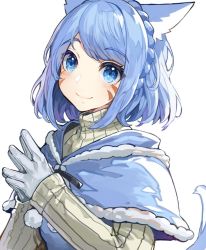 Rule 34 | 1girl, akizone, animal ears, blue eyes, blue hair, blush, braid, cat ears, commentary, facial mark, final fantasy, final fantasy xiv, fur, gloves, long sleeves, looking at viewer, short hair, simple background, sleeves past wrists, smile, solo, striped clothes, striped sweater, sweater, upper body, warrior of light (ff14), white background, white gloves