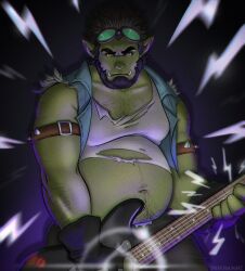 Rule 34 | 1boy, absurdres, bara, beard, belly, benjamin (ivbenjaminart), colored skin, covered erect nipples, cowboy shot, electric guitar, facial hair, fat, fat man, full beard, goggles, goggles on head, green skin, guitar, hairy, highres, instrument, lightning bolt symbol, looking at viewer, male focus, mature male, monster boy, muscular, muscular male, navel, navel hair, orc, original, pectoral cleavage, pectorals, playing guitar, pointy ears, serious, shirt, solo, sparse arm hair, sparse chest hair, standing, stomach, thick beard, thick navel hair, torn clothes, torn shirt, tusks