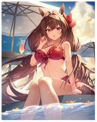 Rule 34 | 1girl, :o, animal ears, bikini, blue sky, bow, breasts, brown hair, cloud, commentary, cup, daiwa scarlet (trifle vacation) (umamusume), daiwa scarlet (umamusume), day, drink, drinking glass, drinking straw, frilled bikini, frills, hair bobbles, hair bow, hair ornament, highres, horse ears, horse girl, horse tail, large breasts, long hair, looking at viewer, low twintails, medium breasts, navel, official alternate costume, outdoors, parasol, parted lips, partially submerged, petals, pool, red bikini, red bow, red eyes, sitting, sky, solo, swimsuit, tail, tsunakawa, twintails, twitter username, umamusume, umbrella, very long hair, water
