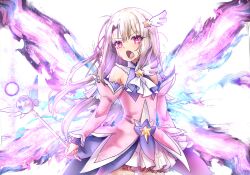 Rule 34 | 1girl, absurdres, angry, bright pupils, child, cowboy shot, detached sleeves, dress, ebora, energy wings, fate/kaleid liner prisma illya, fate (series), feather hair ornament, feathers, flat chest, furrowed brow, glowing, glowing weapon, glowing wings, hair ornament, high collar, highres, holding, holding wand, illyasviel von einzbern, kaleidostick, layered dress, long hair, looking to the side, magical girl, open mouth, parted bangs, pink dress, pink sleeves, pink wings, prisma illya, red eyes, short dress, solo, standing, thighhighs, wand, weapon, white background, white hair, white pupils, wide shot, wings, zettai ryouiki