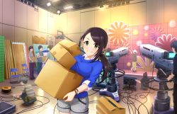 Rule 34 | 10s, 2girls, 6+boys, black hair, blue sweater, box, bracelet, breasts, camera, cardboard box, chair, collared shirt, green eyes, idolmaster, idolmaster cinderella girls, idolmaster cinderella girls starlight stage, jewelry, ladder, large breasts, long hair, multiple boys, multiple girls, official art, shirt, shorts, smile, solo focus, sweater, tv show, white shirt, wire, yamato aki